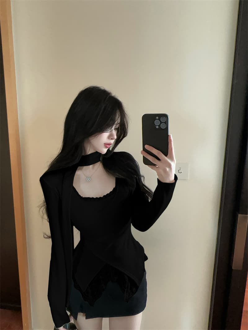 실사 순수한 욕망 V넥 레이스 조각 불규칙 페이크 레이어드 순면 티셔츠 맨위 여성 상세 이미지 16