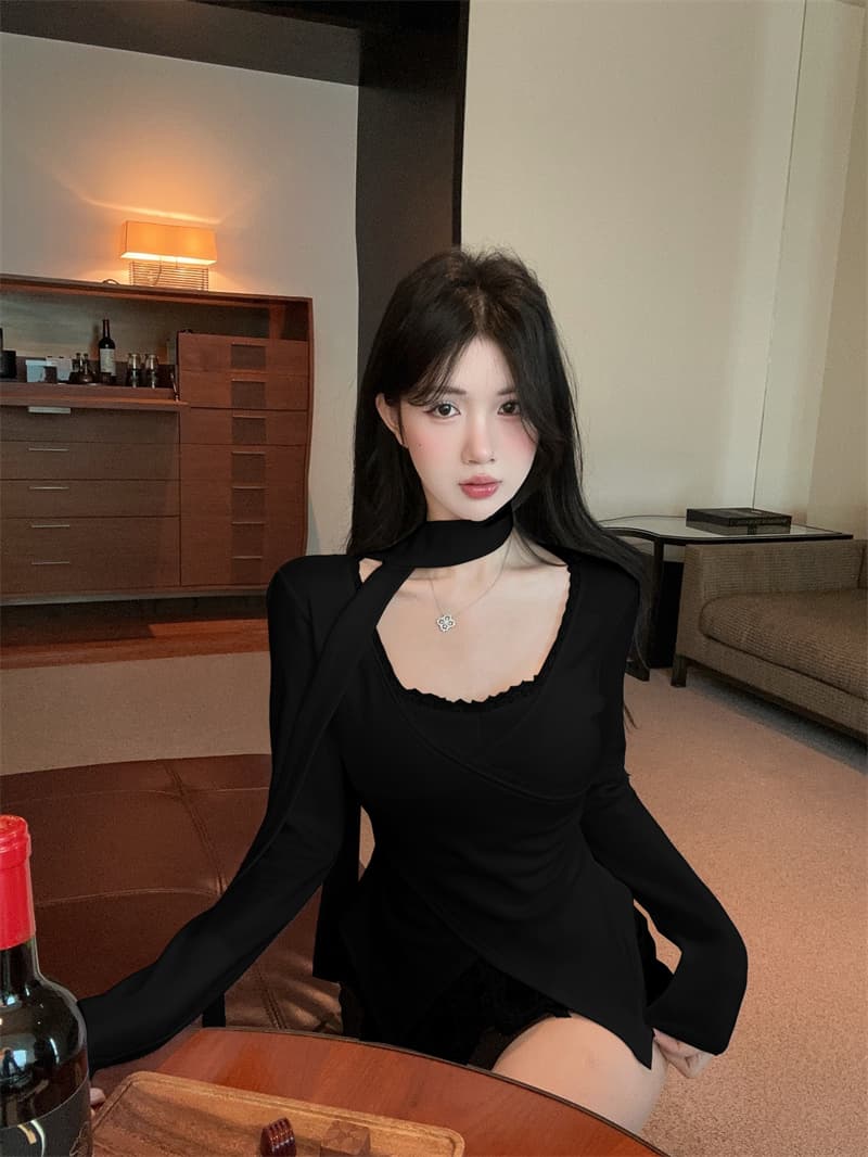 실사 순수한 욕망 V넥 레이스 조각 불규칙 페이크 레이어드 순면 티셔츠 맨위 여성 상세 이미지 17