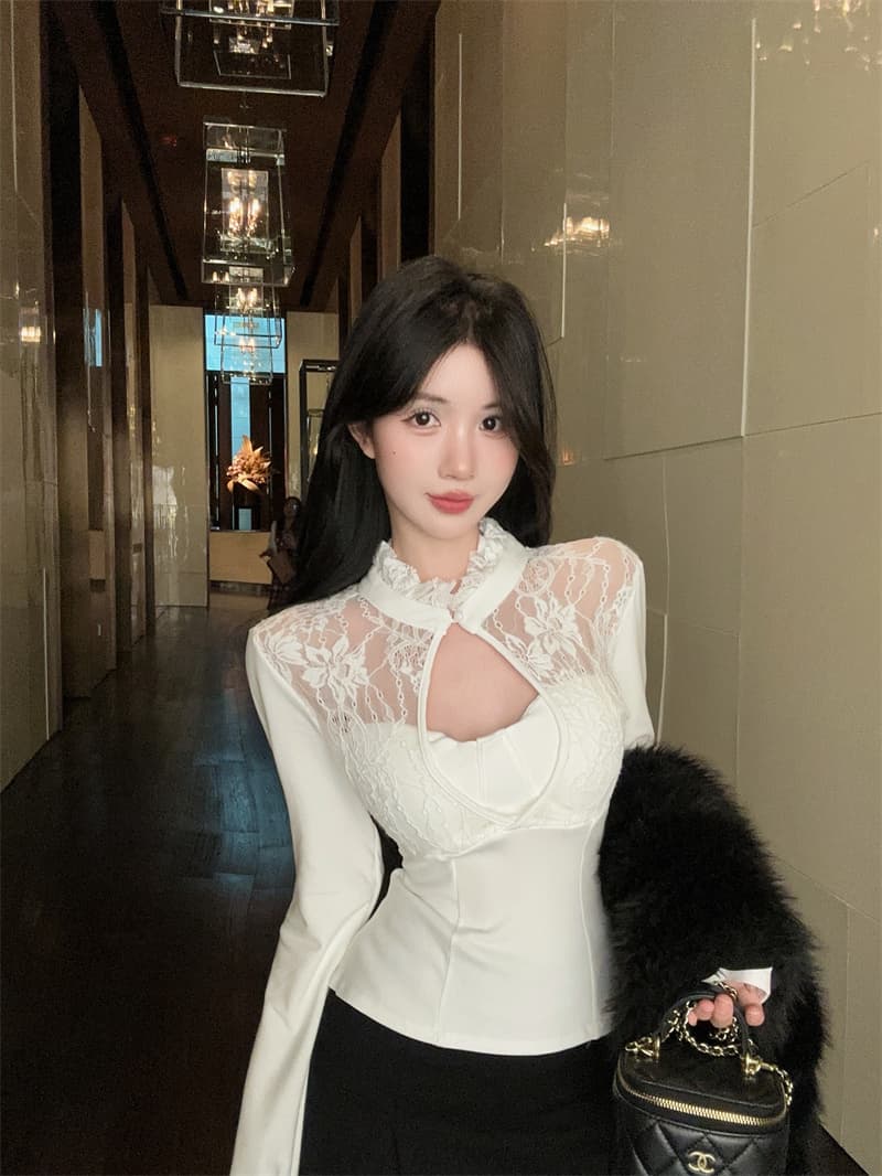 실사 순수한 욕망 홀로우 아웃 레이스 조각 순면 티셔츠 맨위 여성 상세 이미지 10