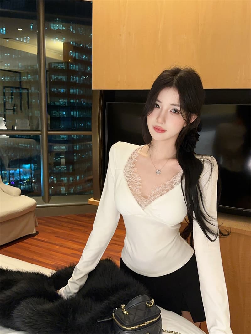 실사 섹시함 V넥 레이스 몸매 가꾸기 페이크 레이어드 티셔츠 맨위 여성 상세 이미지 2