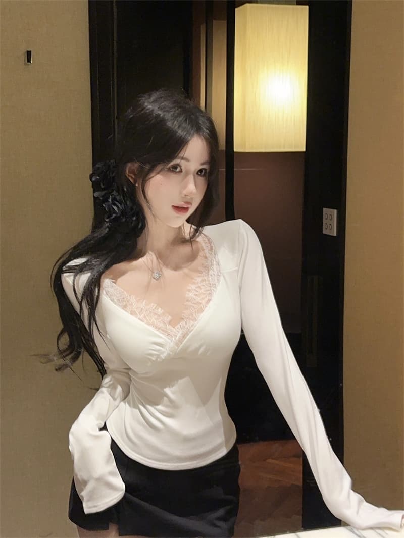 실사 섹시함 V넥 레이스 몸매 가꾸기 페이크 레이어드 티셔츠 맨위 여성 상세 이미지 7