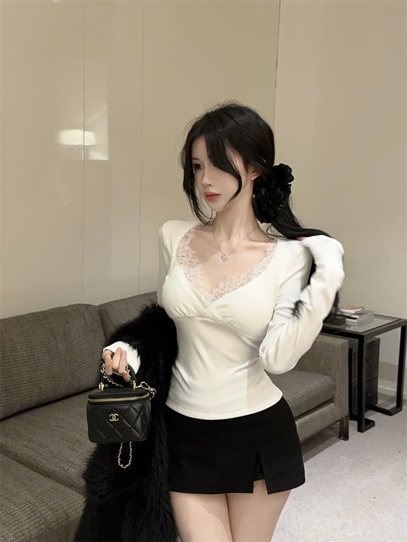 실사 섹시함 V넥 레이스 몸매 가꾸기 페이크 레이어드 티셔츠 맨위 여성 상세 이미지 8