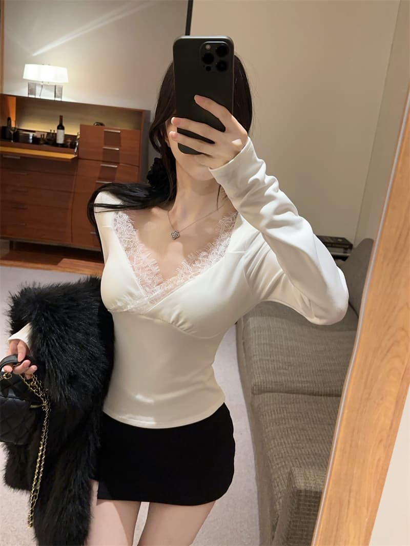 실사 섹시함 V넥 레이스 몸매 가꾸기 페이크 레이어드 티셔츠 맨위 여성 상세 이미지 12