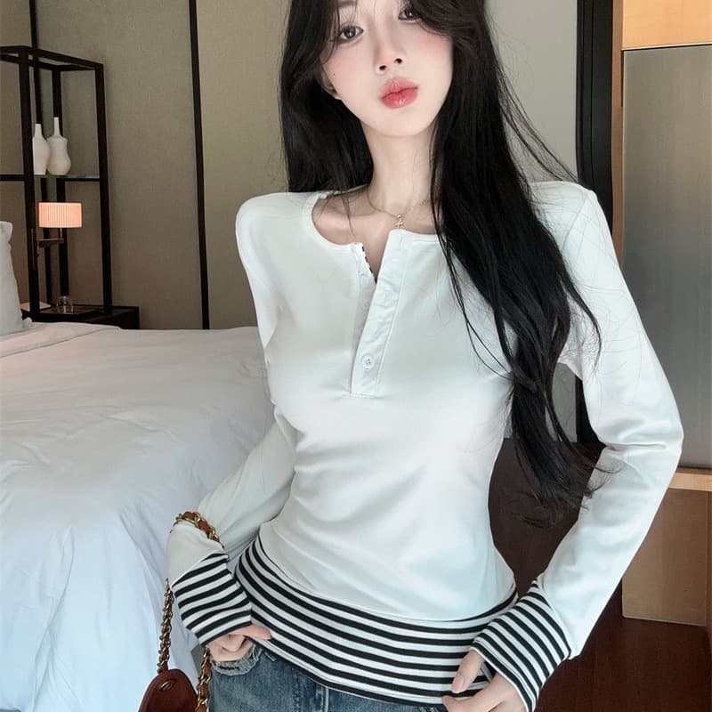 실사 스트라이프 배색 페이크 레이어드 털이 있고 두꺼운 순면 티셔츠 맨위 여성 이미지 5