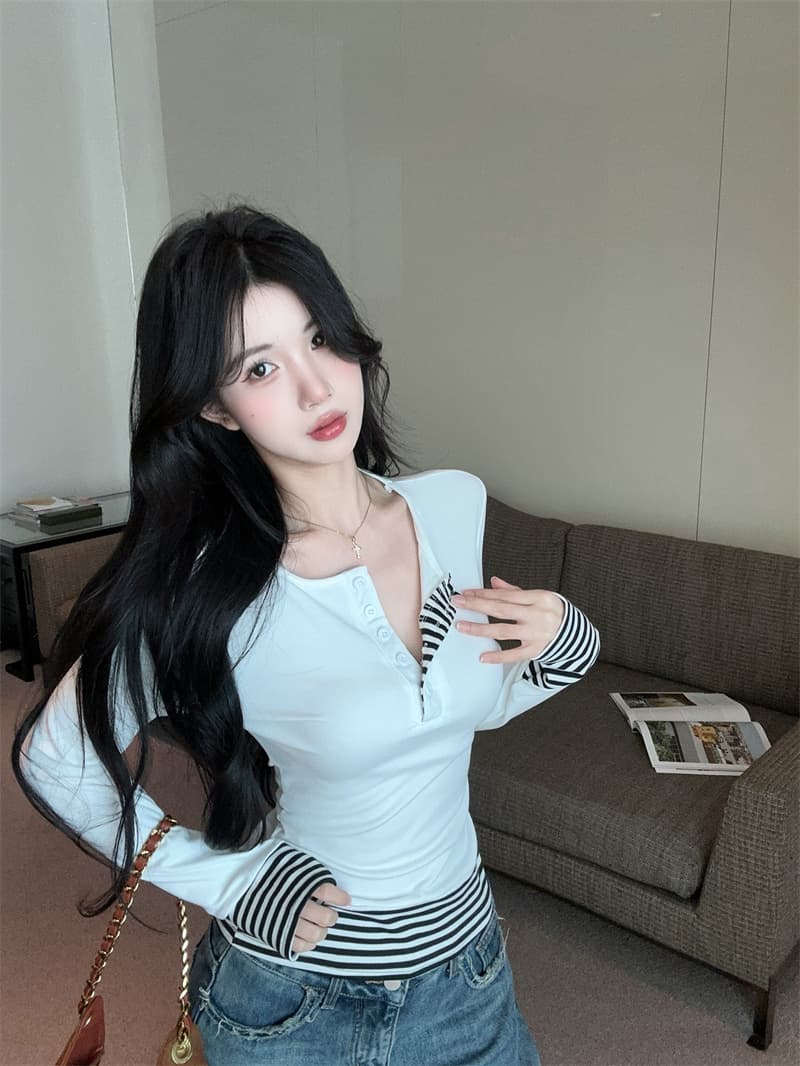 실사 스트라이프 배색 페이크 레이어드 털이 있고 두꺼운 순면 티셔츠 맨위 여성 상세 이미지 6