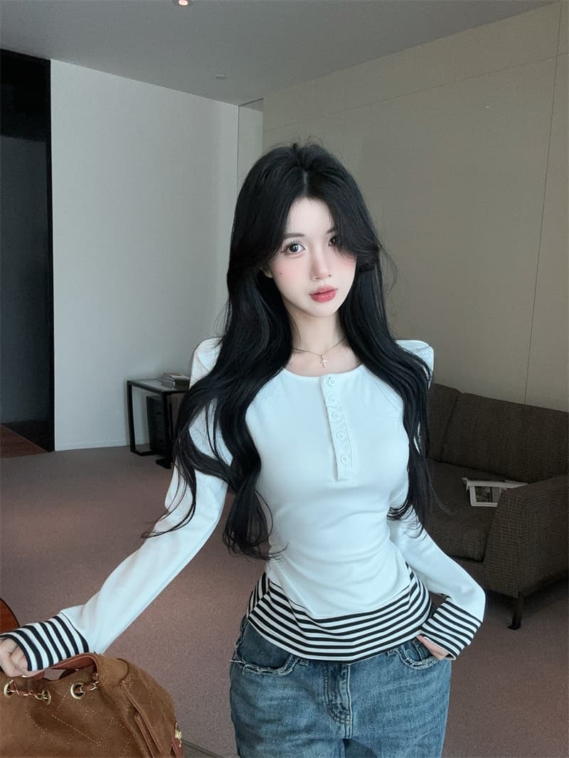 실사 스트라이프 배색 페이크 레이어드 털이 있고 두꺼운 순면 티셔츠 맨위 여성 상세 이미지 8