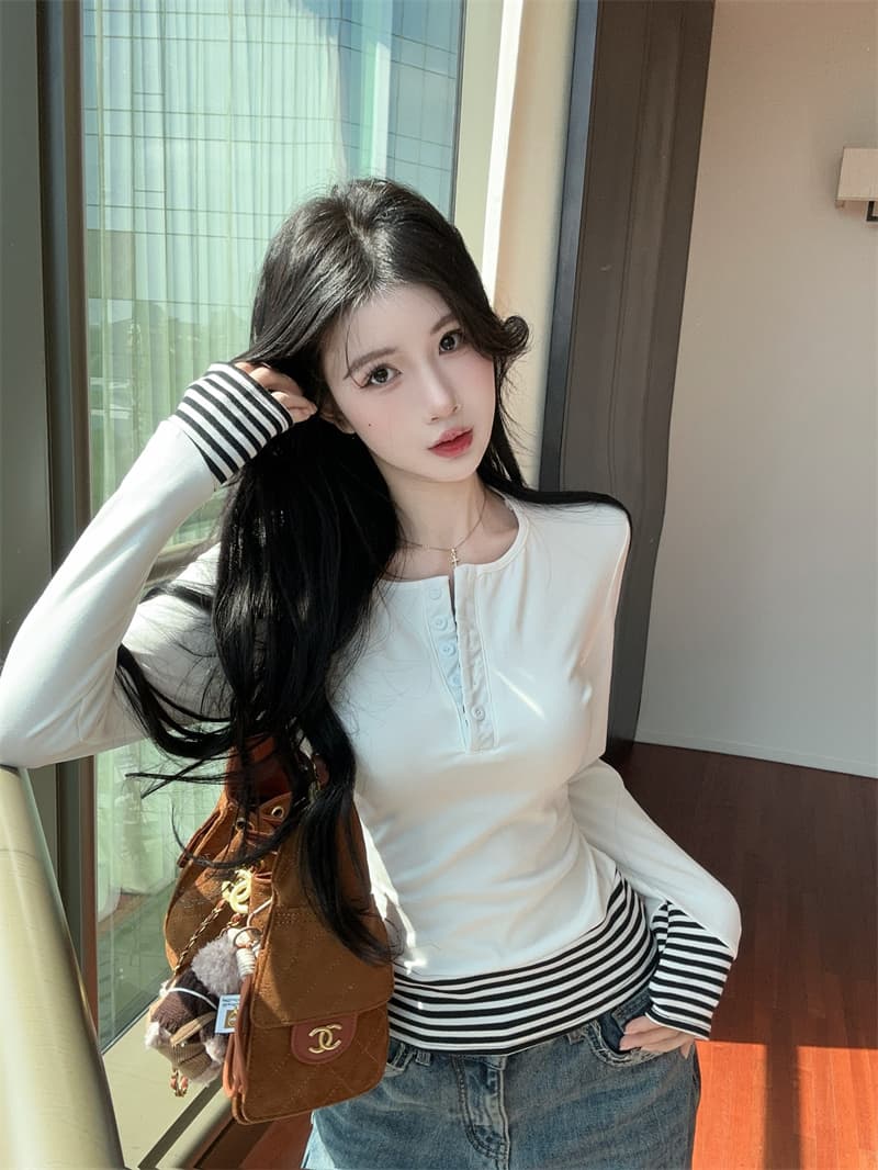 실사 스트라이프 배색 페이크 레이어드 털이 있고 두꺼운 순면 티셔츠 맨위 여성 상세 이미지 9
