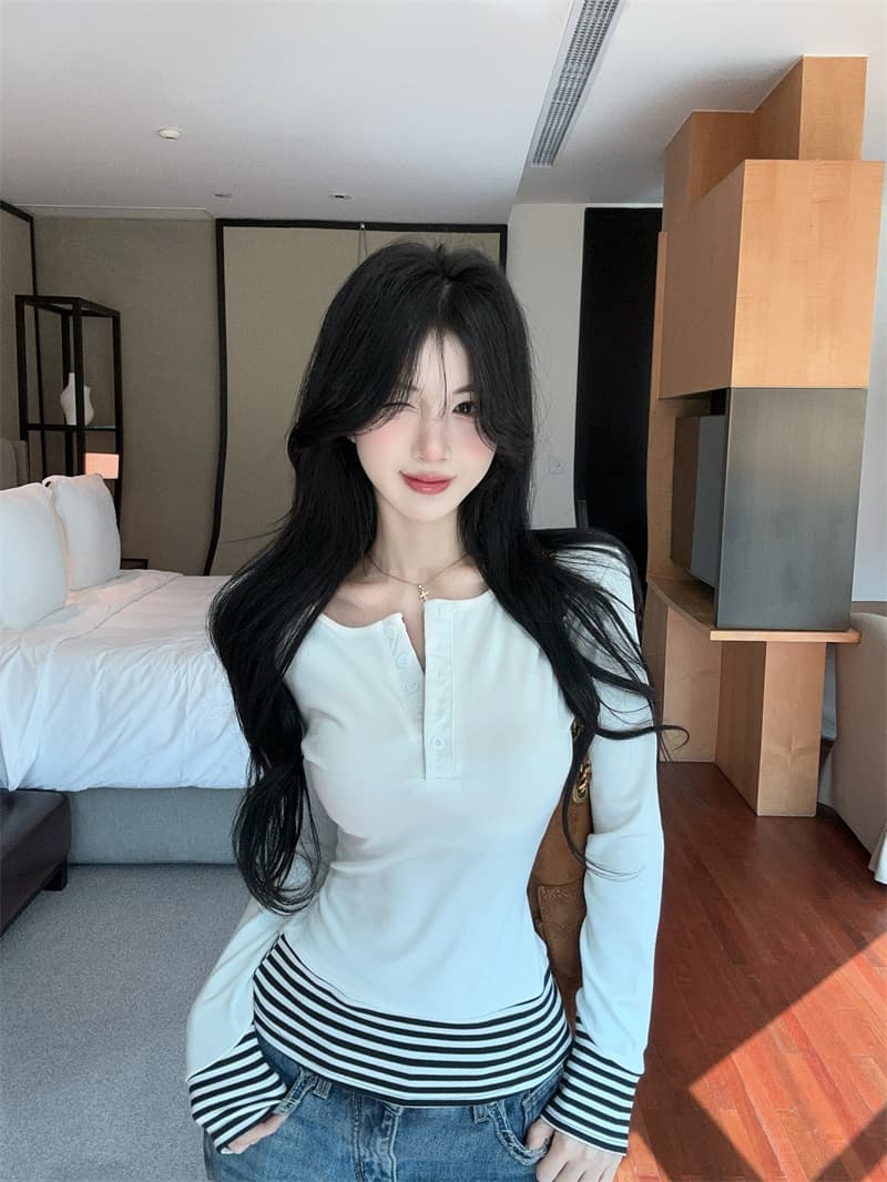 실사 스트라이프 배색 페이크 레이어드 털이 있고 두꺼운 순면 티셔츠 맨위 여성 상세 이미지 10