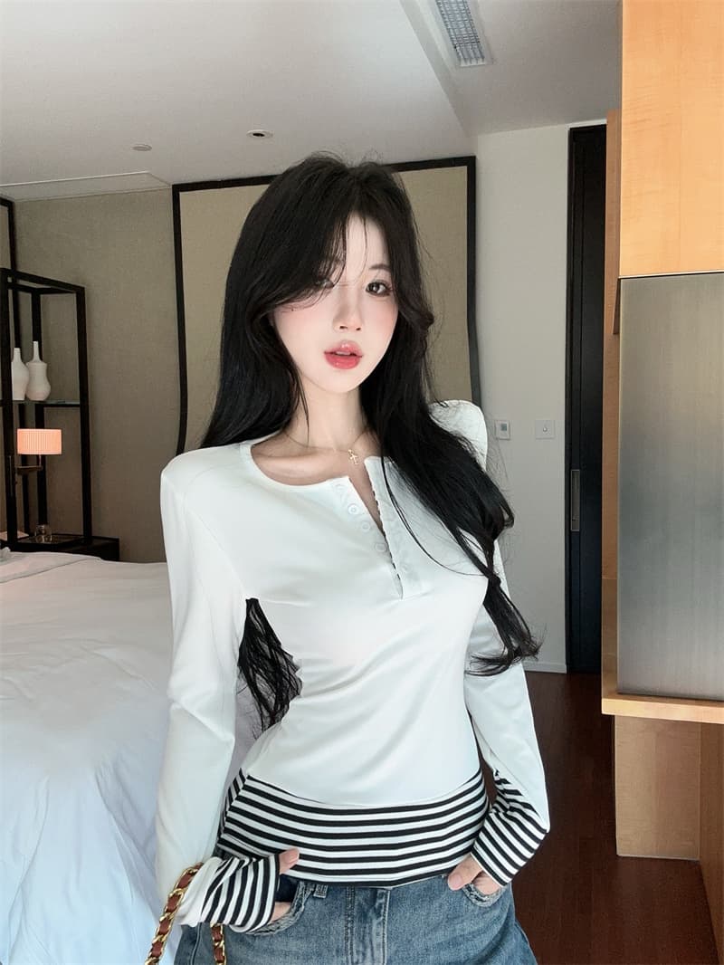 실사 스트라이프 배색 페이크 레이어드 털이 있고 두꺼운 순면 티셔츠 맨위 여성 상세 이미지 11