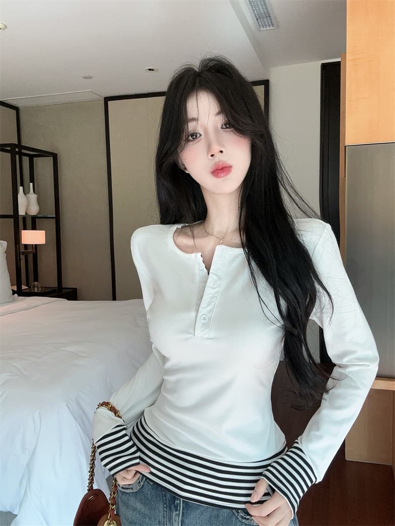 실사 스트라이프 배색 페이크 레이어드 털이 있고 두꺼운 순면 티셔츠 맨위 여성 상세 이미지 12