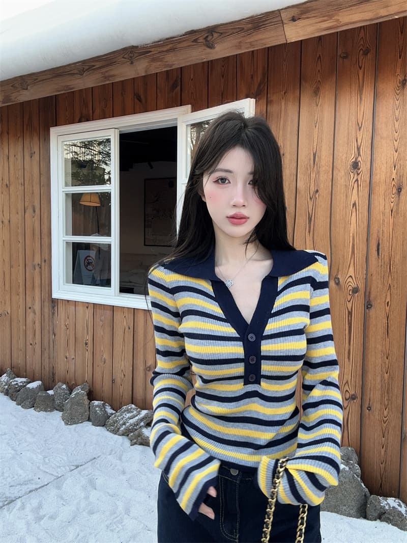 실사 오래된 돈 바람 폴로 칼라 배색 단추 스트라이프 니트 기본 셔츠 여성 상세 이미지 1