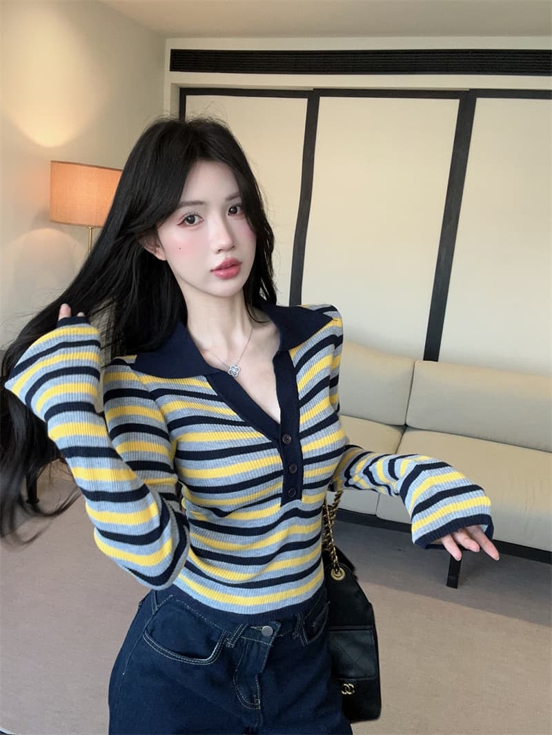실사 오래된 돈 바람 폴로 칼라 배색 단추 스트라이프 니트 기본 셔츠 여성 상세 이미지 7