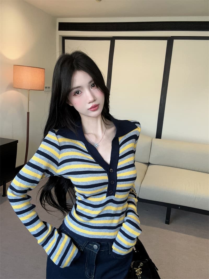 실사 오래된 돈 바람 폴로 칼라 배색 단추 스트라이프 니트 기본 셔츠 여성 상세 이미지 8
