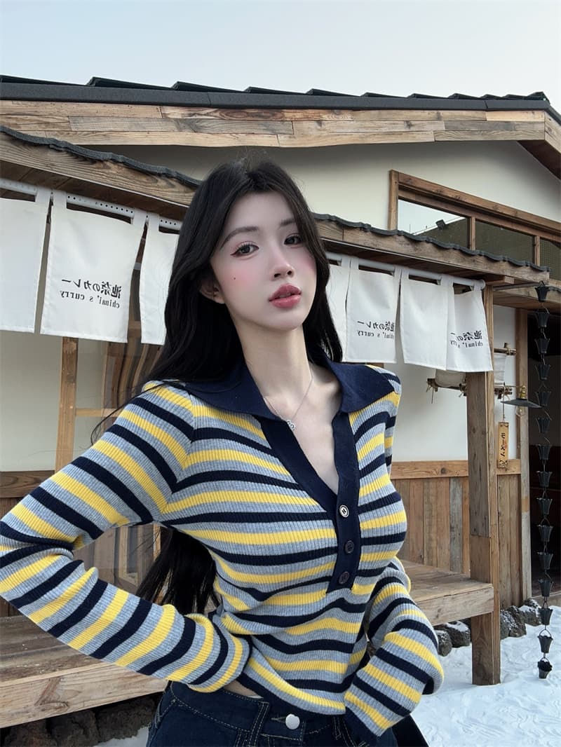 실사 오래된 돈 바람 폴로 칼라 배색 단추 스트라이프 니트 기본 셔츠 여성 상세 이미지 13
