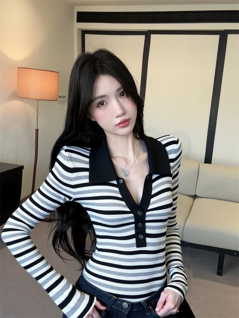 실사 오래된 돈 바람 폴로 칼라 배색 단추 스트라이프 니트 기본 셔츠 여성 상세 이미지 19