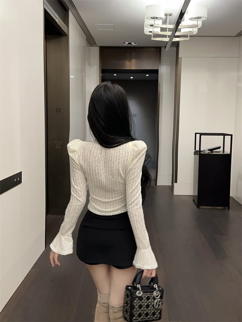 실사 순수한 욕망 패치워크 다이아몬드 세팅 V넥 홀로우 아웃 나팔 소매 셔츠 맨위 여성 상세 이미지 2
