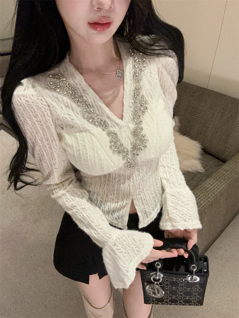실사 순수한 욕망 패치워크 다이아몬드 세팅 V넥 홀로우 아웃 나팔 소매 셔츠 맨위 여성 상세 이미지 4