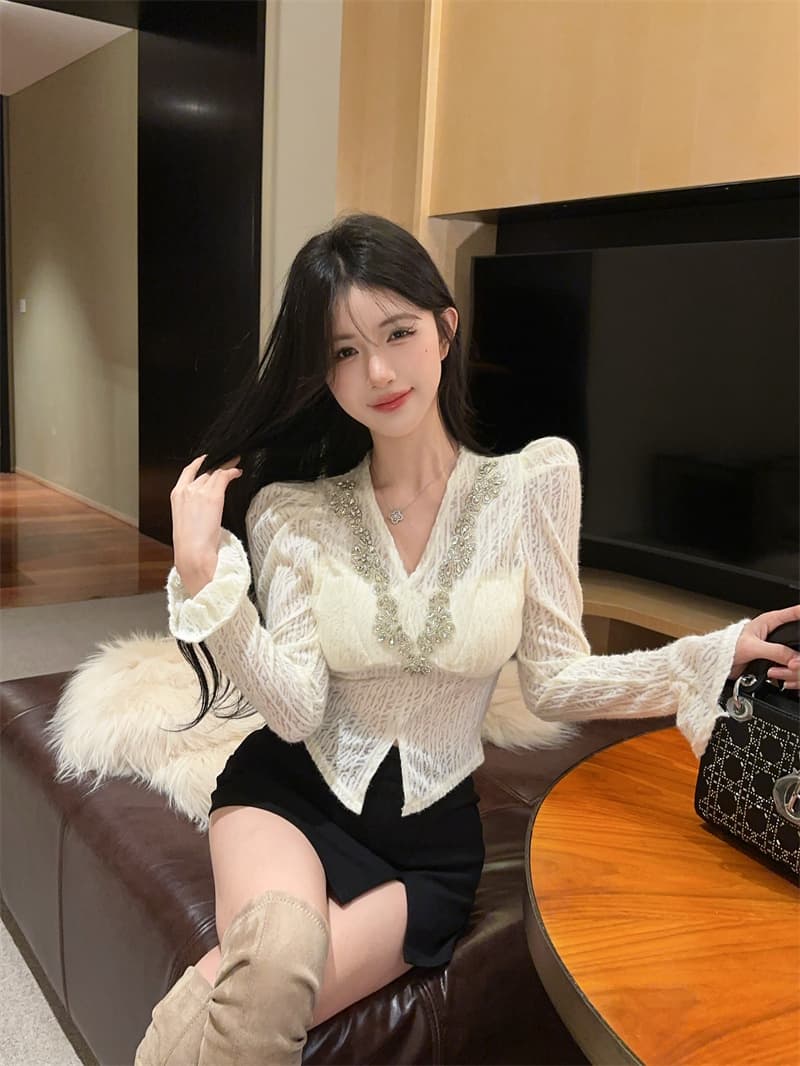 실사 순수한 욕망 패치워크 다이아몬드 세팅 V넥 홀로우 아웃 나팔 소매 셔츠 맨위 여성 상세 이미지 10