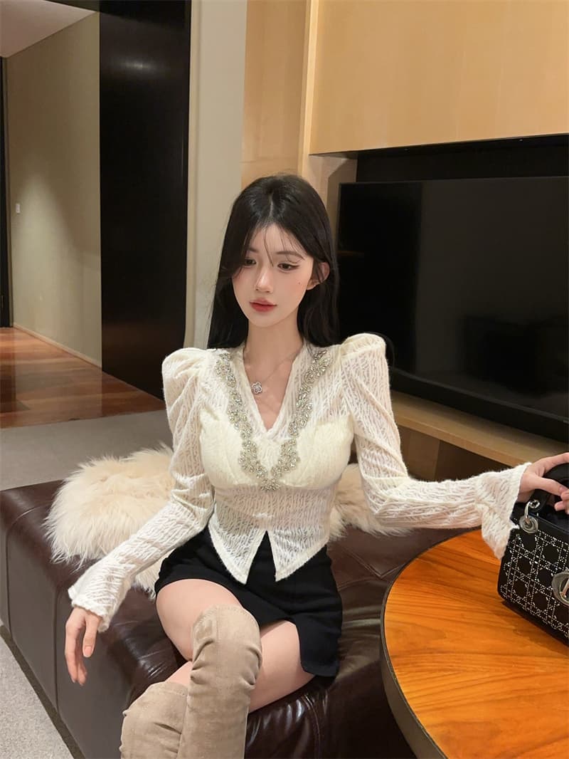 실사 순수한 욕망 패치워크 다이아몬드 세팅 V넥 홀로우 아웃 나팔 소매 셔츠 맨위 여성 상세 이미지 11