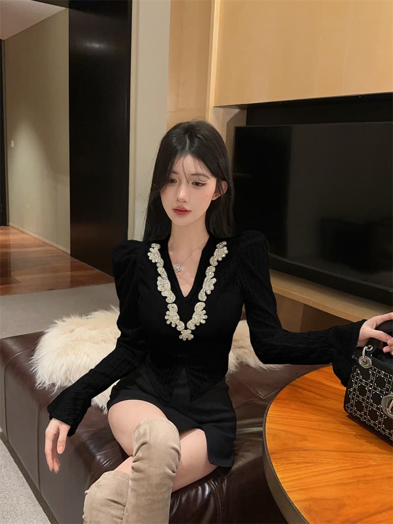 실사 순수한 욕망 패치워크 다이아몬드 세팅 V넥 홀로우 아웃 나팔 소매 셔츠 맨위 여성 상세 이미지 17