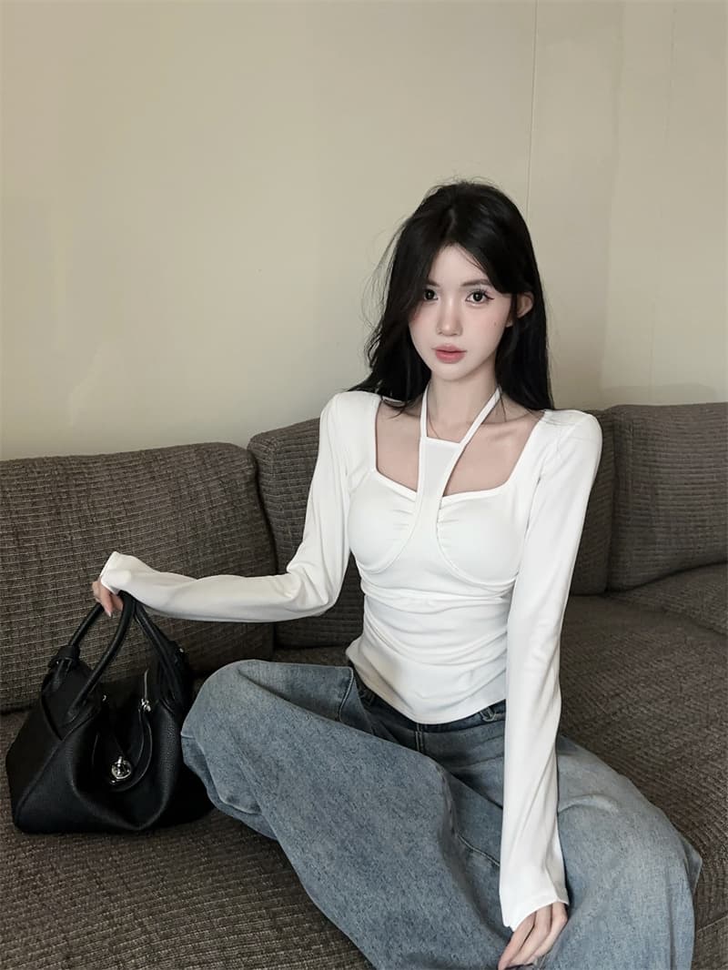 실사 핫걸 행침 목 오프숄더 V넥 순면 티셔츠 맨위 여성 벨트 가슴 패드 이미지 2