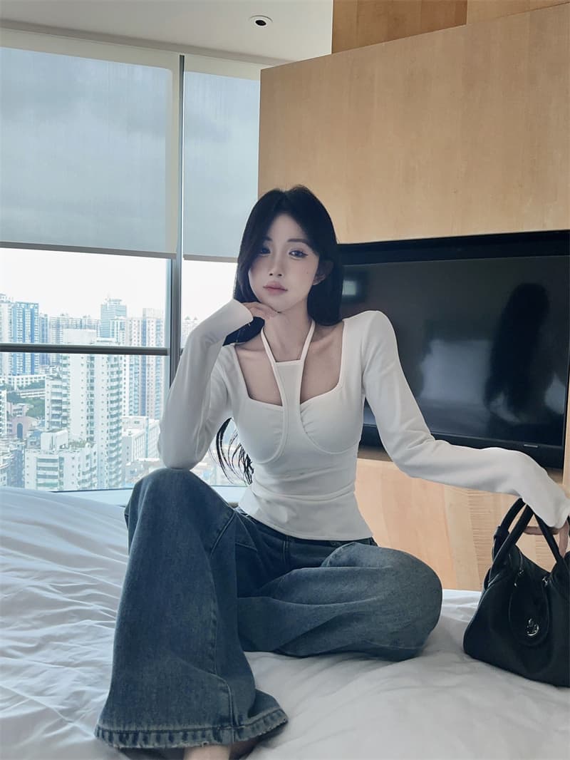 실사 핫걸 행침 목 오프숄더 V넥 순면 티셔츠 맨위 여성 벨트 가슴 패드 상세 이미지 2