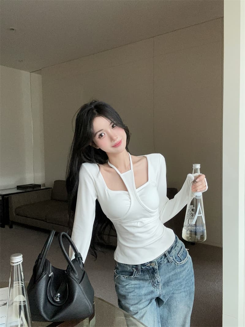 실사 핫걸 행침 목 오프숄더 V넥 순면 티셔츠 맨위 여성 벨트 가슴 패드 상세 이미지 6