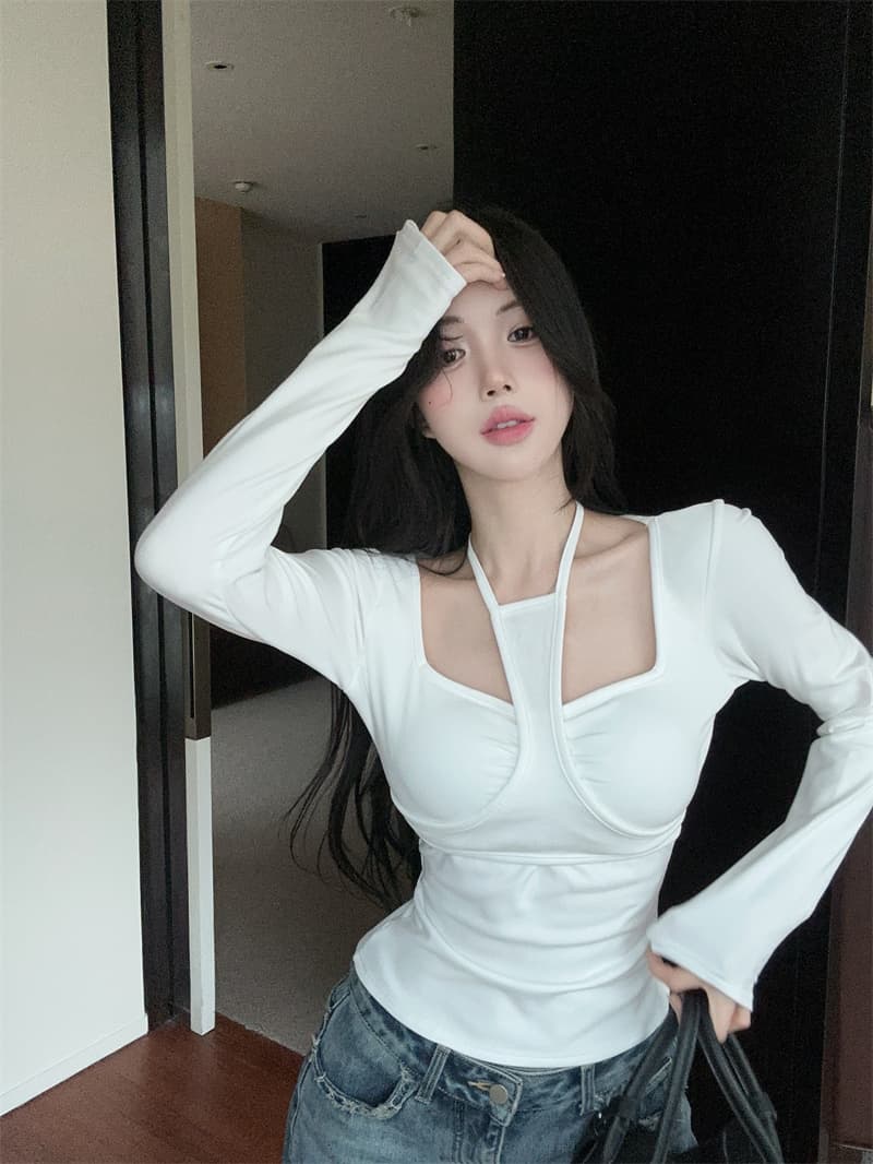 실사 핫걸 행침 목 오프숄더 V넥 순면 티셔츠 맨위 여성 벨트 가슴 패드 상세 이미지 10