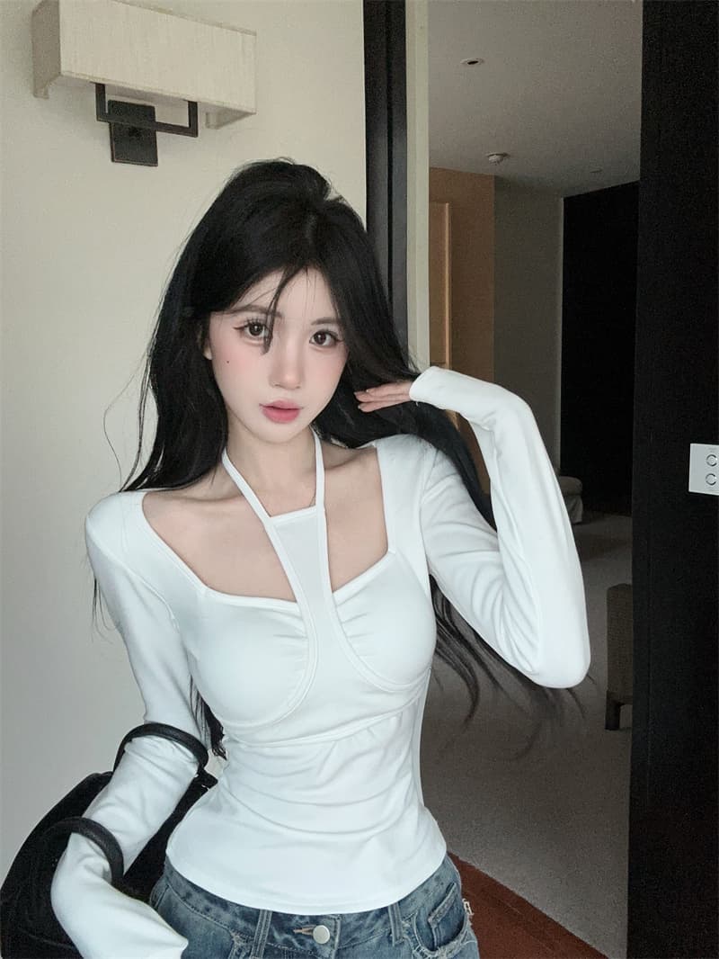실사 핫걸 행침 목 오프숄더 V넥 순면 티셔츠 맨위 여성 벨트 가슴 패드 상세 이미지 12