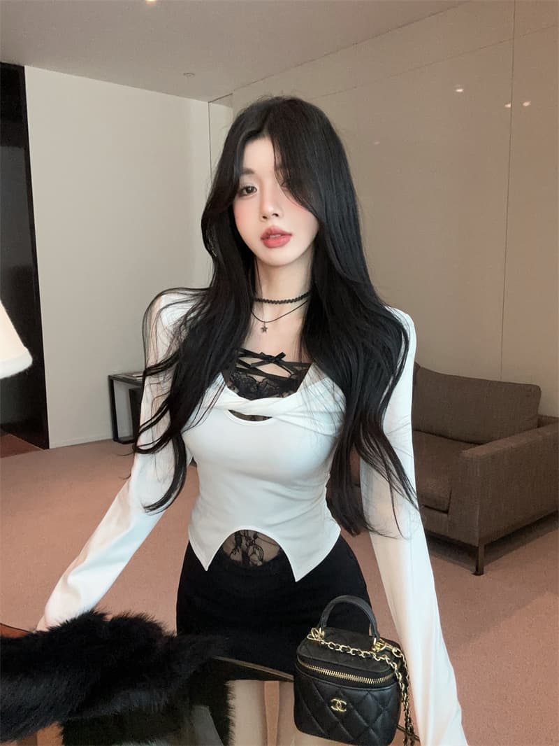 실사 순수한 욕망 페이크 레이어드 레이스 조각 긴팔 순면 티셔츠 여성 상세 이미지 1