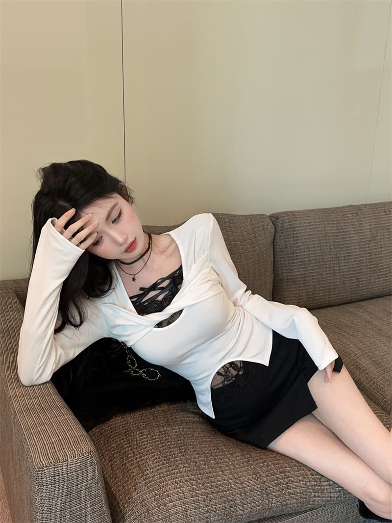 실사 순수한 욕망 페이크 레이어드 레이스 조각 긴팔 순면 티셔츠 여성 상세 이미지 2