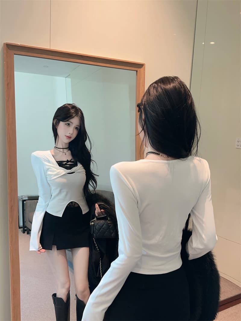 실사 순수한 욕망 페이크 레이어드 레이스 조각 긴팔 순면 티셔츠 여성 상세 이미지 4