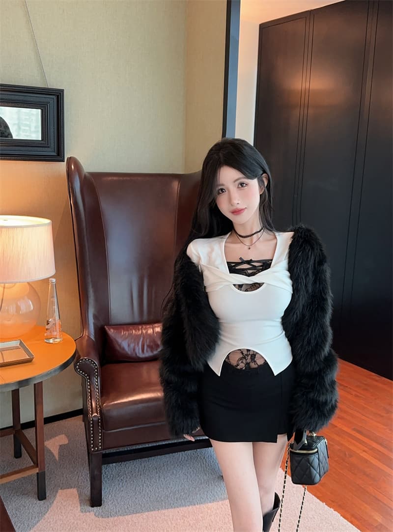 실사 순수한 욕망 페이크 레이어드 레이스 조각 긴팔 순면 티셔츠 여성 상세 이미지 5