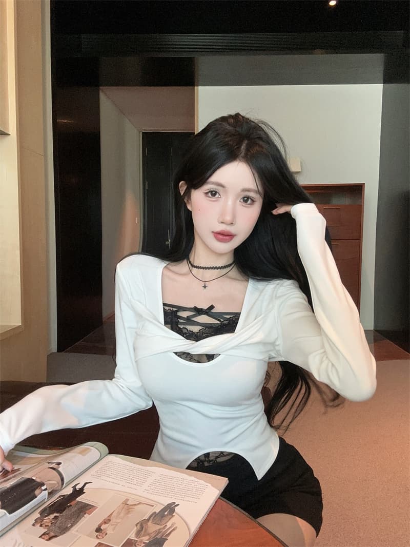 실사 순수한 욕망 페이크 레이어드 레이스 조각 긴팔 순면 티셔츠 여성 상세 이미지 7