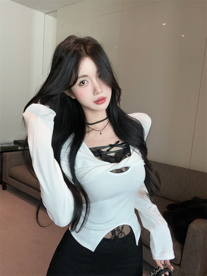 실사 순수한 욕망 페이크 레이어드 레이스 조각 긴팔 순면 티셔츠 여성 상세 이미지 8
