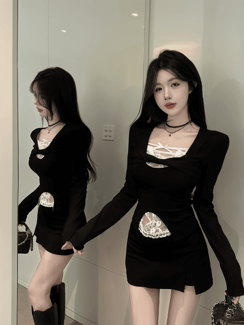 실사 순수한 욕망 페이크 레이어드 레이스 조각 긴팔 순면 티셔츠 여성 상세 이미지 13