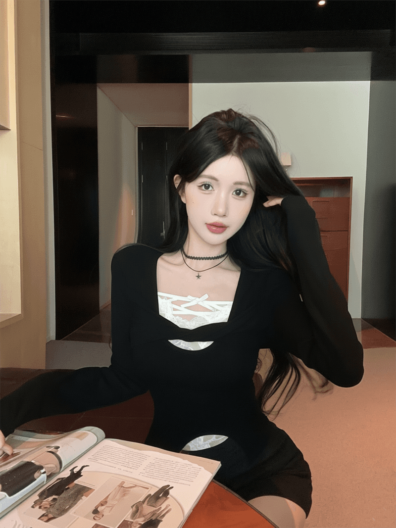 실사 순수한 욕망 페이크 레이어드 레이스 조각 긴팔 순면 티셔츠 여성 상세 이미지 14