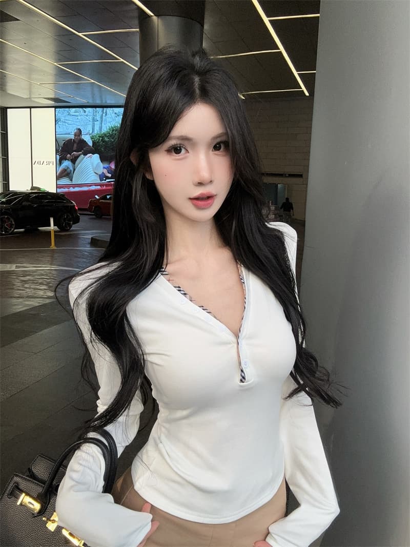 실사 배색 단추 V넥 긴팔 순면 티셔츠 맨위 여성