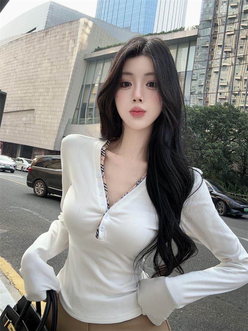 실사 배색 단추 V넥 긴팔 순면 티셔츠 맨위 여성 상세 이미지 1
