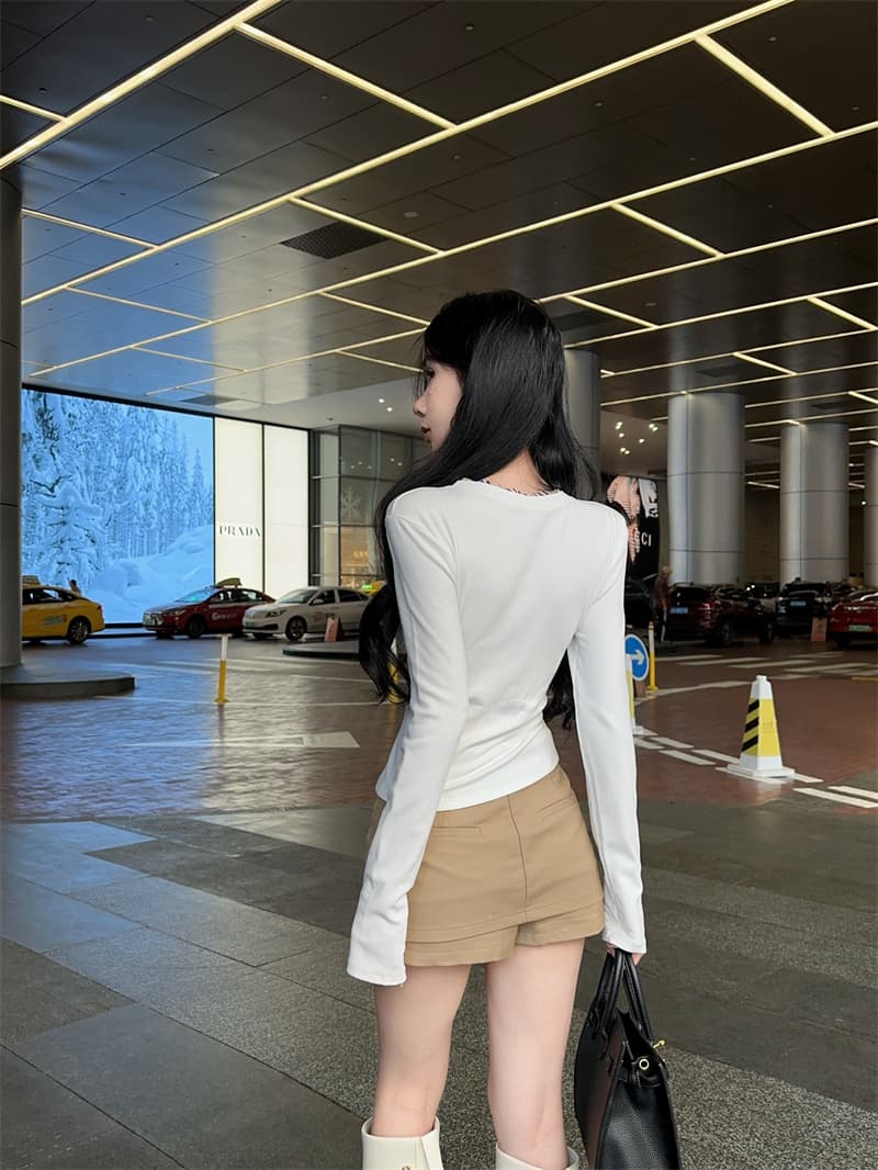 실사 배색 단추 V넥 긴팔 순면 티셔츠 맨위 여성 상세 이미지 3