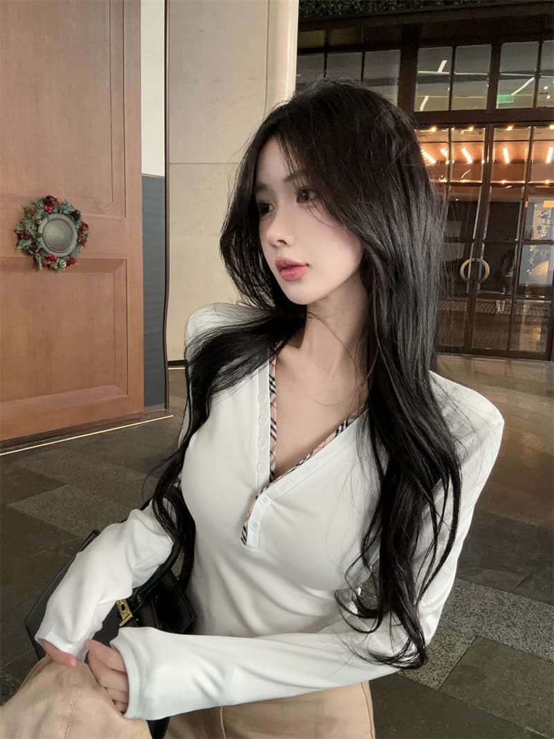 실사 배색 단추 V넥 긴팔 순면 티셔츠 맨위 여성 상세 이미지 7