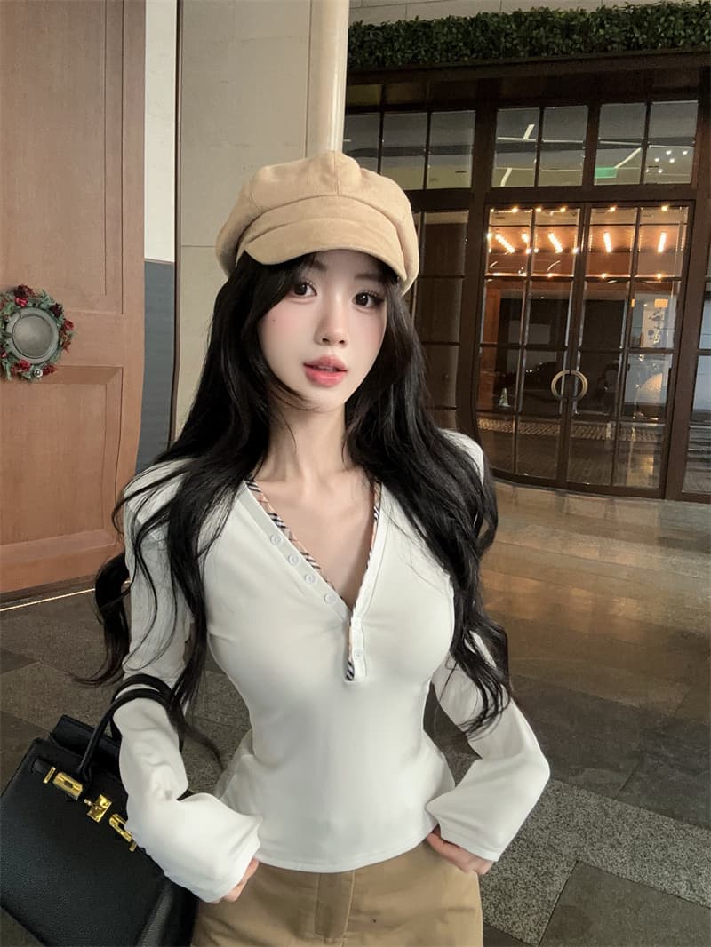 실사 배색 단추 V넥 긴팔 순면 티셔츠 맨위 여성 상세 이미지 8