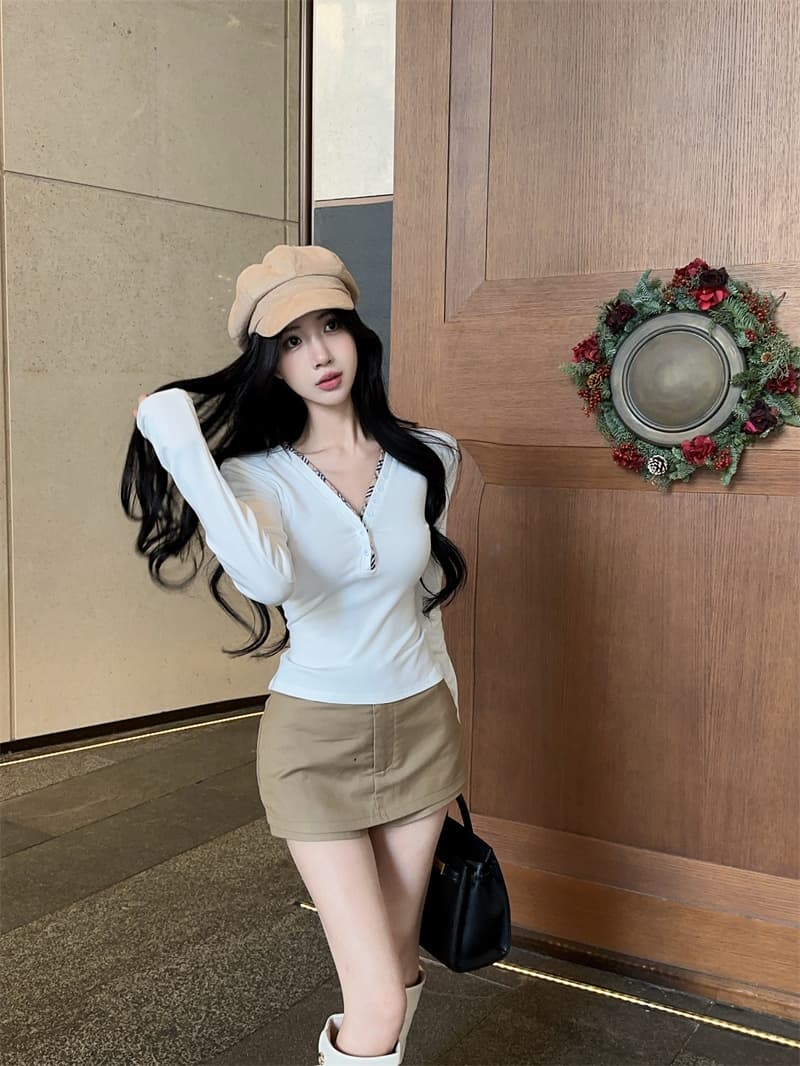 실사 배색 단추 V넥 긴팔 순면 티셔츠 맨위 여성 상세 이미지 9
