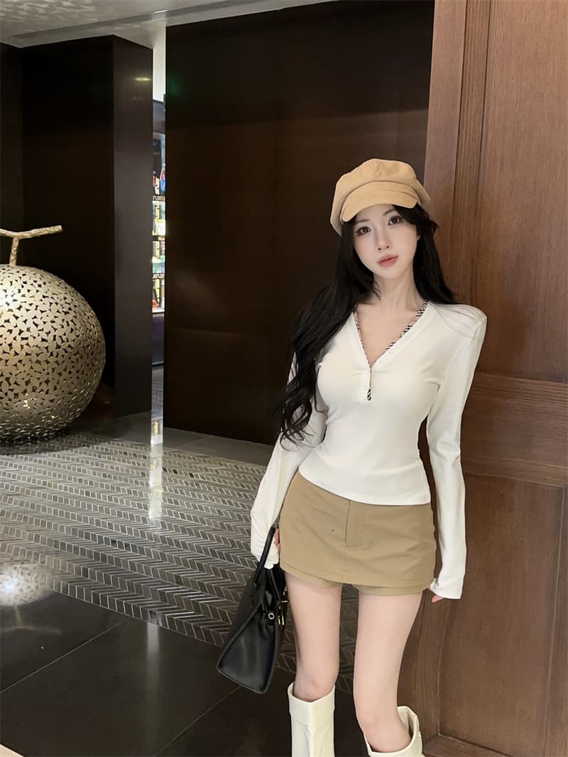 실사 배색 단추 V넥 긴팔 순면 티셔츠 맨위 여성 상세 이미지 10