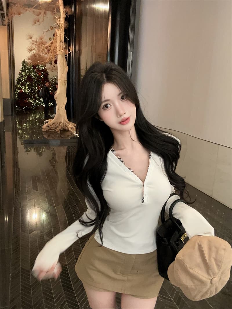 실사 배색 단추 V넥 긴팔 순면 티셔츠 맨위 여성 상세 이미지 11