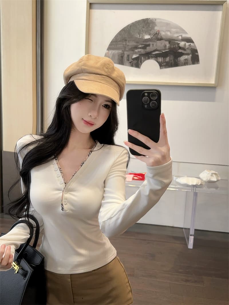 실사 배색 단추 V넥 긴팔 순면 티셔츠 맨위 여성 상세 이미지 12