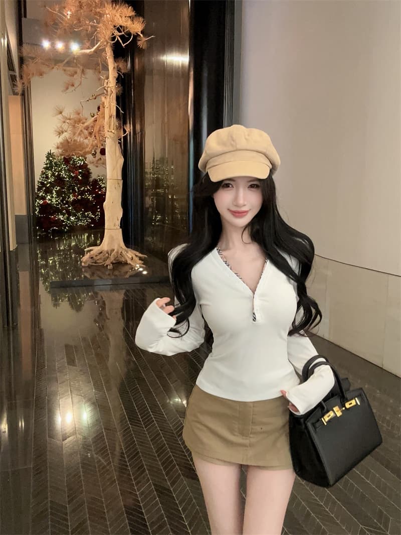 실사 배색 단추 V넥 긴팔 순면 티셔츠 맨위 여성 상세 이미지 13