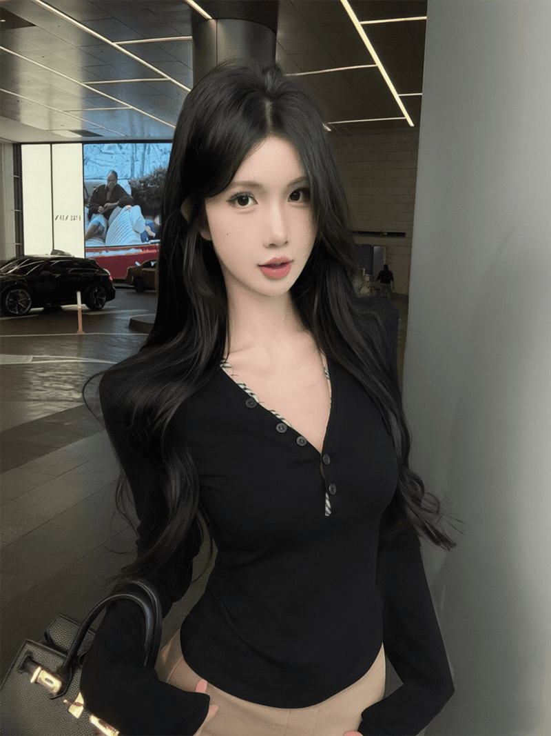 실사 배색 단추 V넥 긴팔 순면 티셔츠 맨위 여성 상세 이미지 14