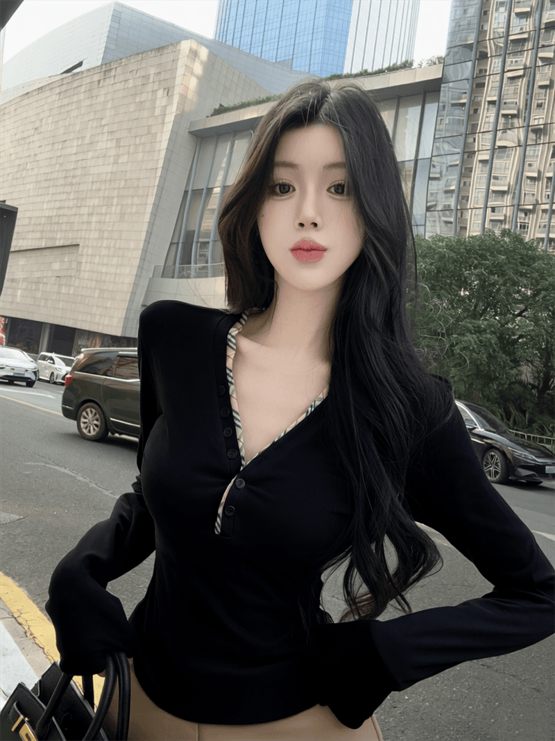 실사 배색 단추 V넥 긴팔 순면 티셔츠 맨위 여성 상세 이미지 16