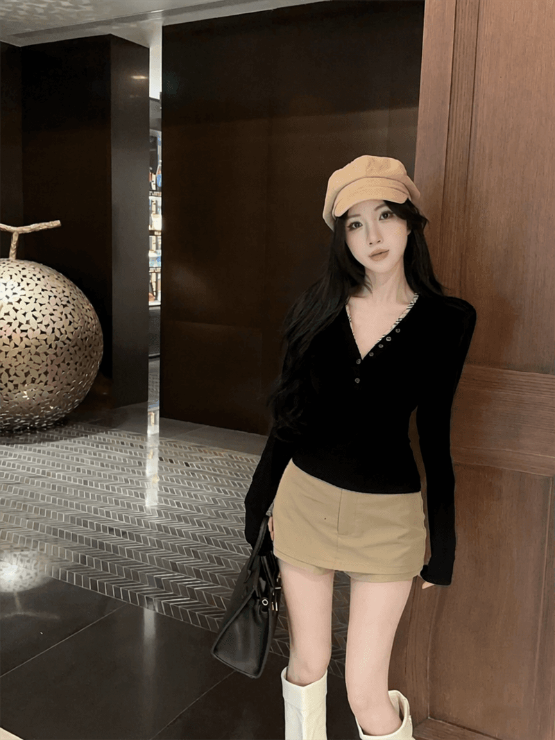 실사 배색 단추 V넥 긴팔 순면 티셔츠 맨위 여성 상세 이미지 17